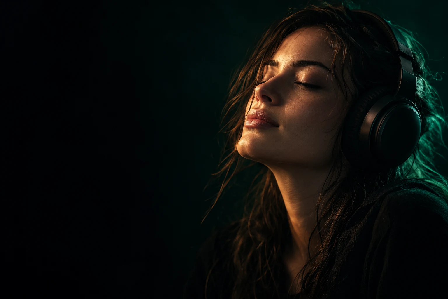 Mulher de olhos fechados sentindo a música nos fones de ouvido