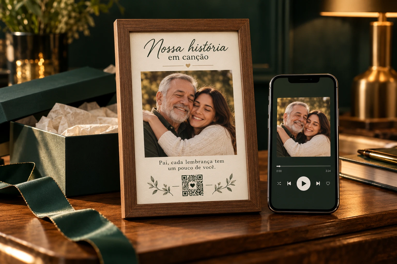 Demonstração de uma homenagem de pai e filha em porta-retrato de madeira, com área ilustrativa de QR code e celular mostrando a mesma capa em um player musical.