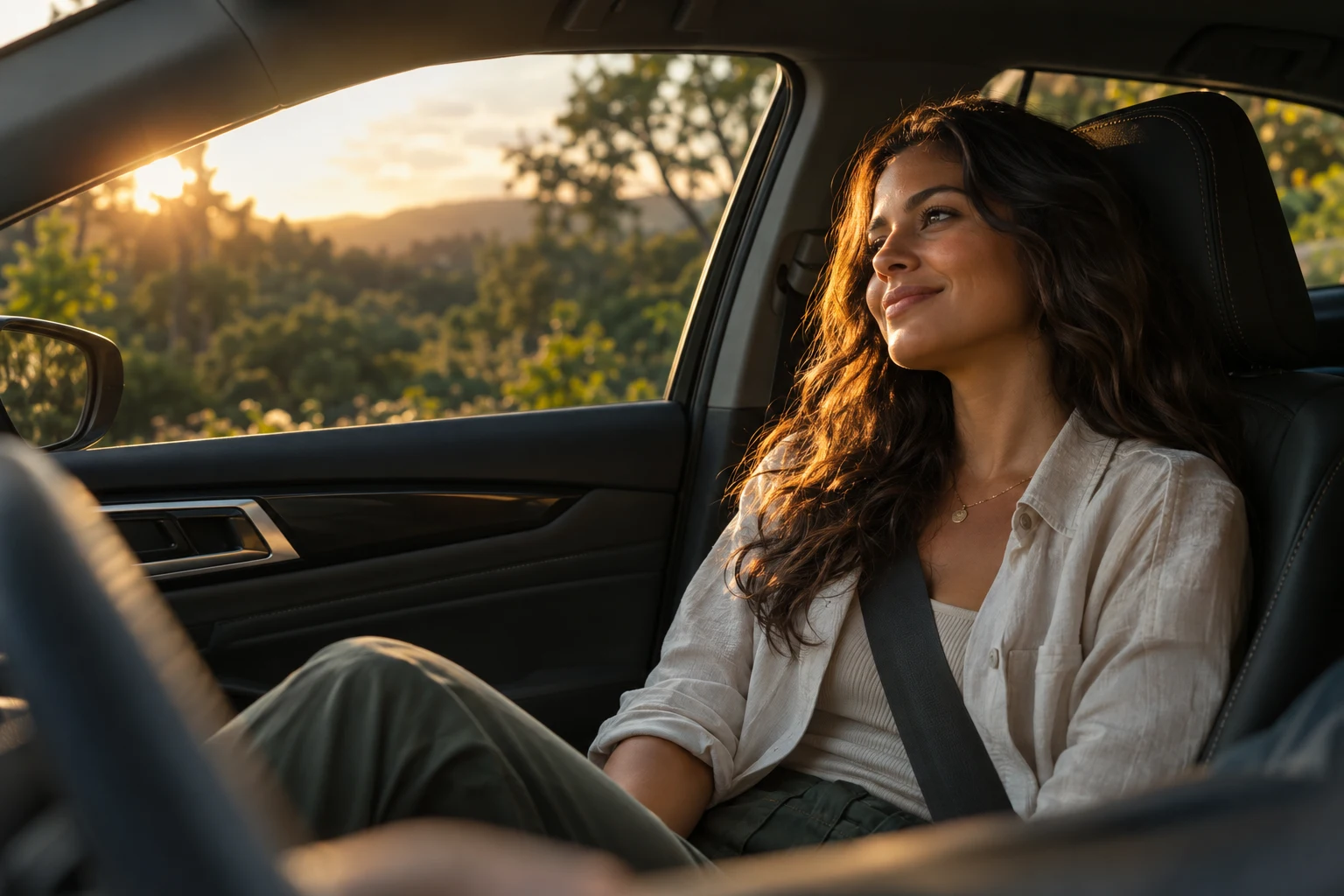 Cena ilustrativa de uma passageira ouvindo música no carro ao pôr do sol