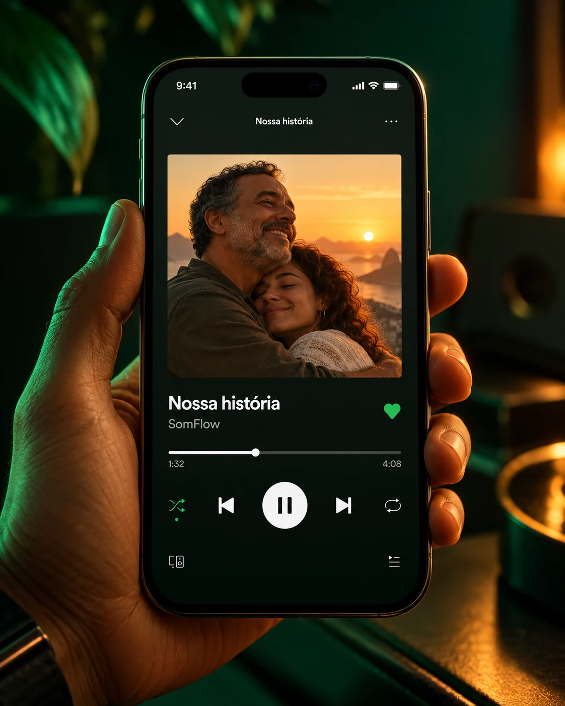 Simulação de um celular no Spotify tocando Nossa história, da SomFlow, com capa personalizada