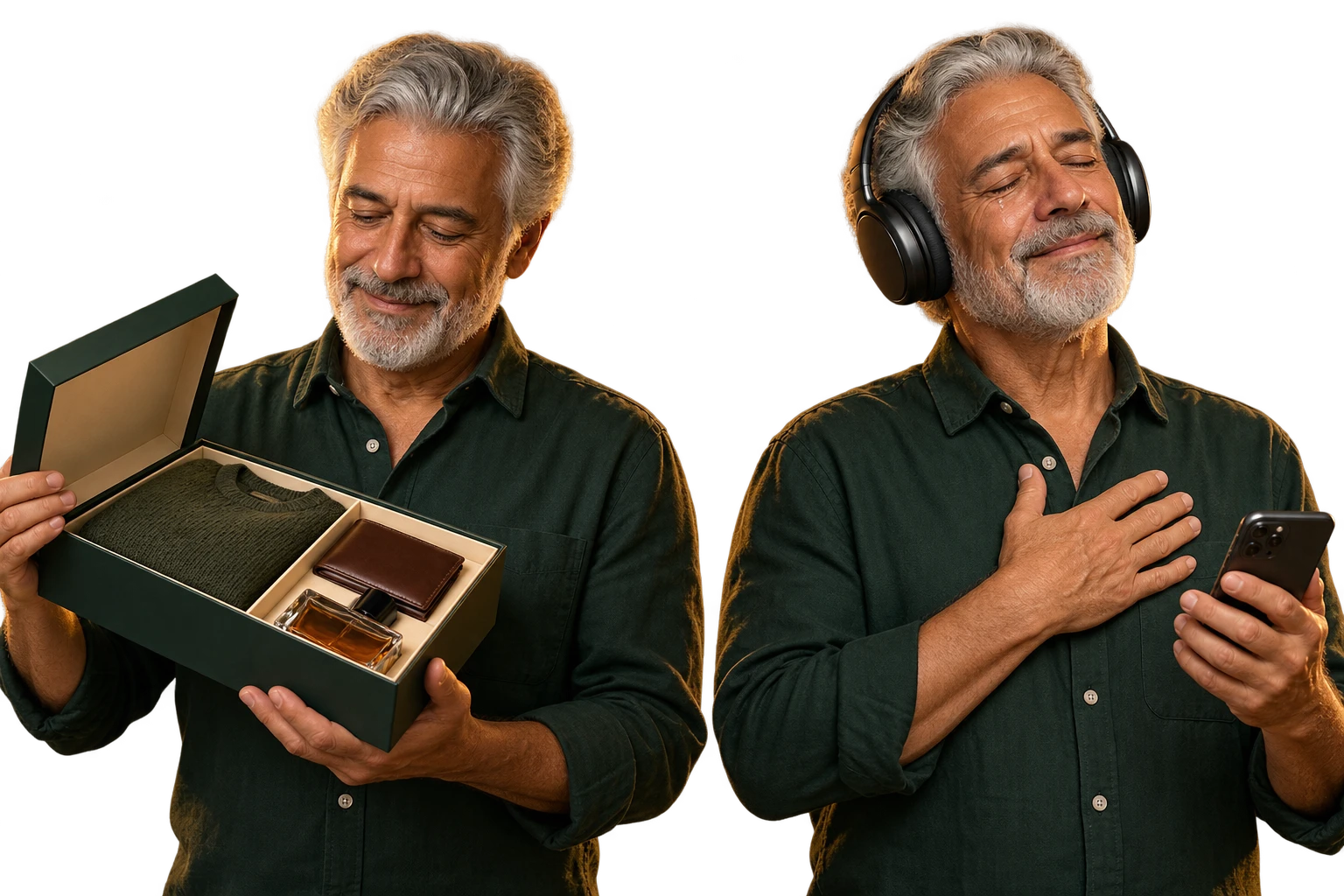 Cena ilustrativa: o mesmo senhor recebe presentes com um sorriso tranquilo e, ao lado, se emociona ouvindo uma música no celular com fones de ouvido