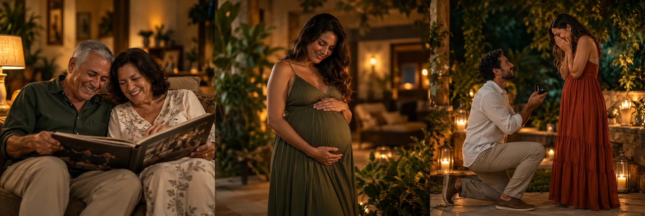 Composição ilustrativa: um casal revê suas fotografias, uma gestante acaricia a barriga e um casal vive um pedido de casamento.